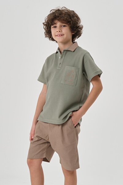 Black One Boy's Cotton Print Detailed Polo Neck T-Shirt Shorts Summer Bottom Top Set