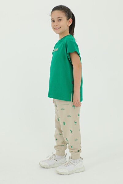 Black One Crew Neck Girl's Print Detailed Cotton Summer T-Shirt Trousers 2-Piece Tracksuit Set