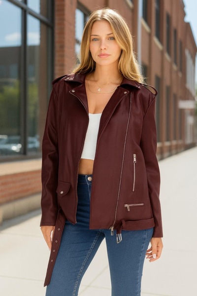İLKCET MODA Women's Long Burgundy Oversize Faux Leather Jacket