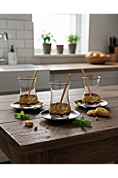 DECOSTYLE Gold  Super petek  Desenli cam Tabaklı 12 Parça  Çay seti