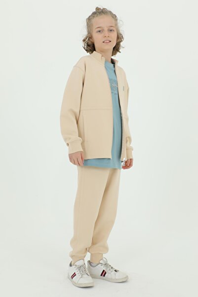 Black One Boy's Stand Collar Print Detailed Double Pocket Cardigan Three Piece Tracksuit Set