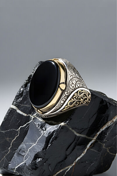 Takıdepo Oniks Taşlı Büyük Boy Gravür Sarmaşık Model Gümüş Yüzük