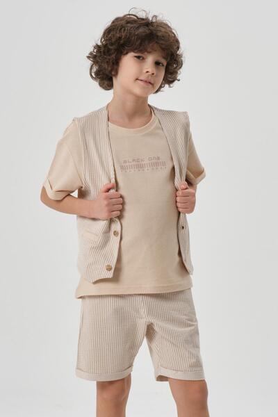 Black One Honeycomb Fabric Print Detailed Boy's Bottom Shorts Top Crew Neck T-shirt Vest Set