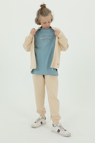 Black One Boy's Stand Collar Print Detailed Double Pocket Cardigan Three Piece Tracksuit Set