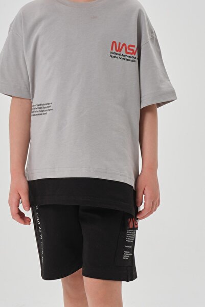 Black One Single Jersey Fabric Summer Print Detailed Pocket and Lanyard Girls' Bottom and Top Set