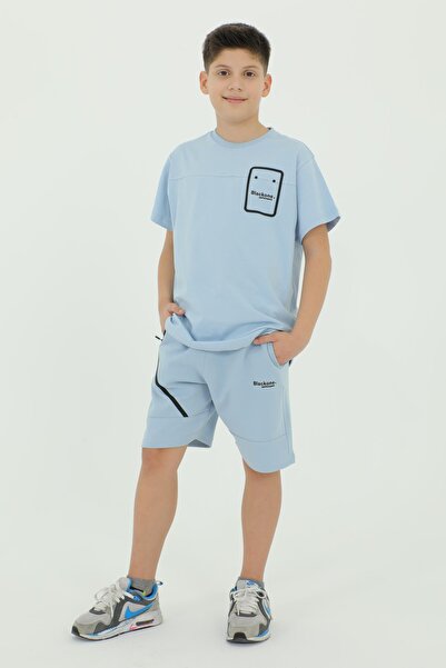 Black One Set dublu tricou și pantaloni scurți cu detaliu cu imprimeu pentru băiat cu decolteu