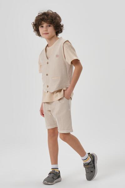 Black One Honeycomb Fabric Print Detailed Boy's Bottom Shorts Top Crew Neck T-shirt Vest Set