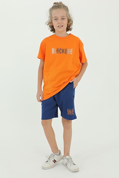 Black One Crew Neck Boy's Print Detailed T-Shirt and Shorts Double Set