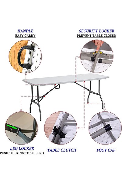 Türkiye 6ft Table, Folding Utility Table, Fold-in-Half Portable Plastic Picnic Party Dining Camp Table (Whit