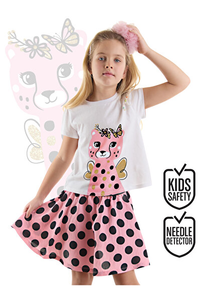 Denokids Puantiyeli Çita Kız Çocuk Yazlık T-shirt Pembe Etek Takım