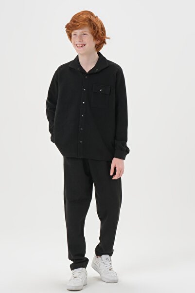 Black One Jacquard Match Pattern Button Detailed Top and Bottom Set