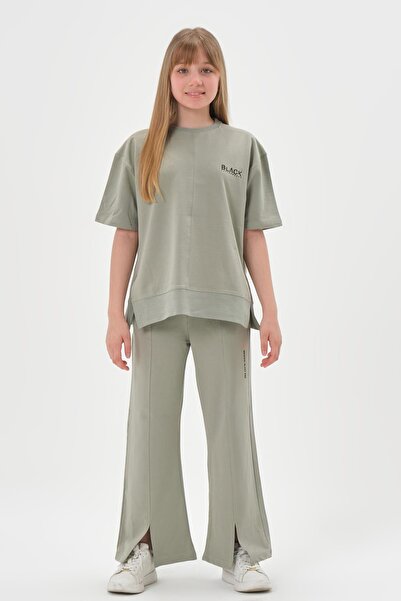 Black One Girl's Crew Neck Printed Slit Detail Plaid Diagonal Jacquard Fabric Bottom Top