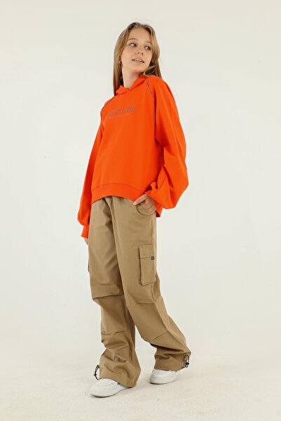 Black One Hooded Print Detailed Cargo Pocket Girl's Suit