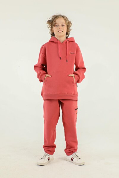 Black One Hooded Cargo Pocket Print Detailed Boy's Tracksuit Set