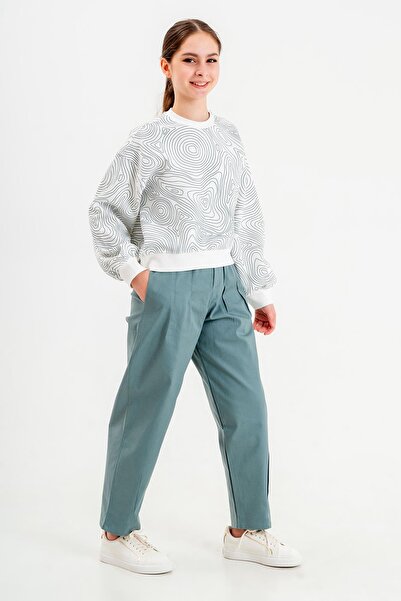 Black One Girl's Crew Neck Print Detailed Top Wide Leg Palazzo Linen Fabric Trousers Bottom Top Set