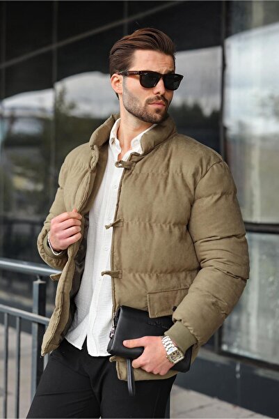 Madmext Khaki Buttoned Stand Collar Men's Puffer Jacket E7435