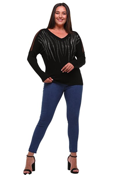 Ebsumu Γυναικεία Μαύρη Μπλούζα Plus με λεπτομέρεια από τούλι μπροστά
