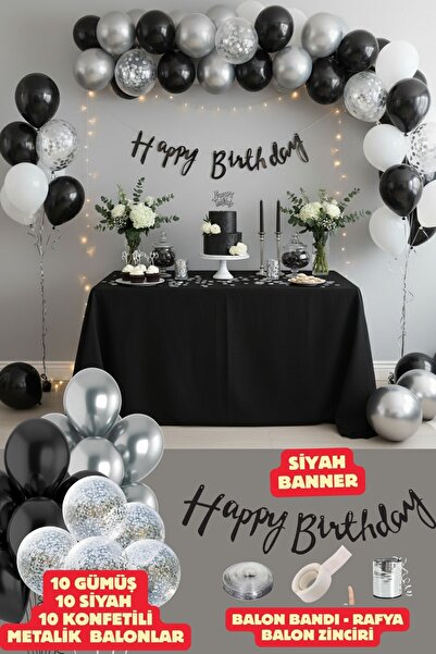 Baloncu Nene Στολίδι για τα γενέθλια με ασημένια κομφετί 30 τεμαχίων μαύρα ασημένια μπαλόνια Σετ γενεθλίων για πάρτι