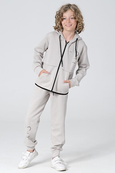 Black One Σετ φόρμας για αγόρια από ύφασμα Pique με φερμουάρ με κουκούλα με λεπτομέρεια εκτύπωσης με διπλή τσέπη