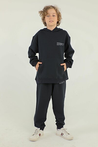Black One Basic Boy's Tracksuit Set with Hooded Print Detail and Steel Interlock Fabric