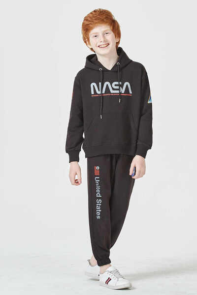 Black One Erkek Çocuk Şardonsuz 2 İplik Baskılı Kapüşonlu Spor Eşofman Takımı...