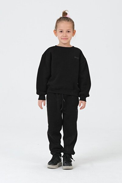 Black One Kız Çocuk Bisiklet Yaka 3 İplik Kumaştan Baskılı Çocuk Alt Üst Eşof...