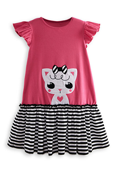 Denokids Kedicik Kız Çocuk Fuşya Yazlık Elbise