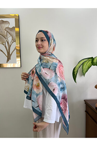YILDIZ SCARFS شال قطني ناعم بنمط الورد باللون الأزرق النيلي