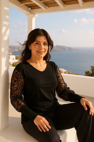 Ebsumu Γυναικεία μαύρη μπλούζα με μανίκια με δαντέλα με λεπτομέρεια λουλουδιών