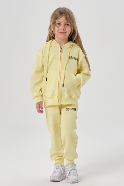 Black One Hooded Zippered Double Face Cotton Girls' and Boys' 2-Piece Top and Bottom Tracksuit Set