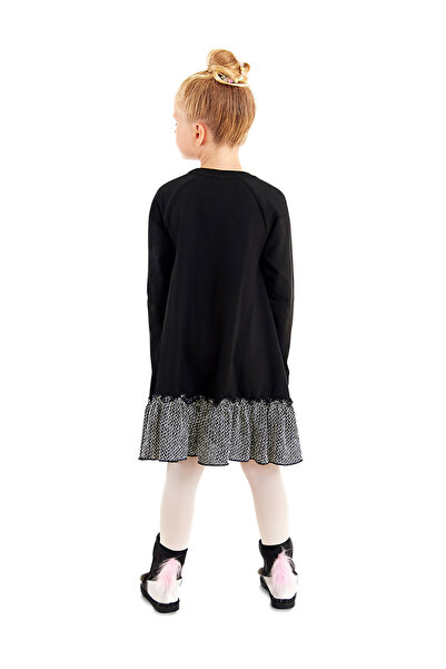 Denokids Gümüş Leopar Kız Çocuk Siyah Fırfırlı Elbise