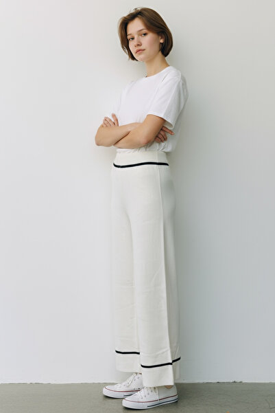 NEWCO ψηλόμεσο φαρδύ πόδι ριγέ ελαστικό μοντέρνο κομψό πλεκτό παντελόνι