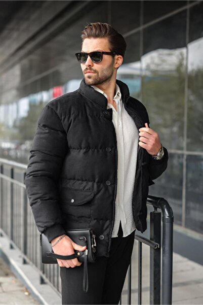 Madmext Black Buttoned Stand Collar Men's Puffer Jacket E7435