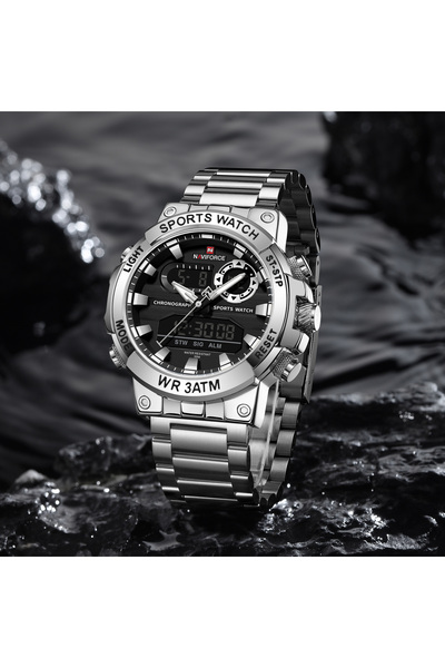 Naviforce ساعة SB BOX NAVIFORCE 9163 الرياضية الفاخرة الأصلية للرجال، كوارتز فولاذي، مقاومة للماء، شاشة مزدوجة