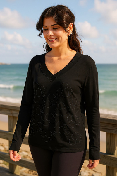 Ebsumu Γυναικεία μαύρη μπλούζα με μοτίβο λουλουδιών σε μεγάλο μέγεθος