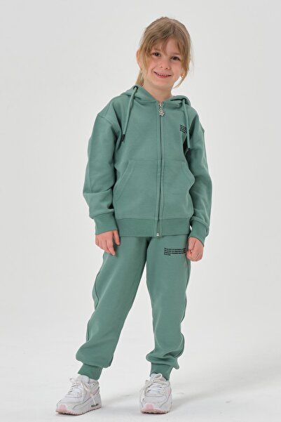 Black One Hooded Zippered Double Face Cotton Girls' and Boys' 2-Piece Top and Bottom Tracksuit Set