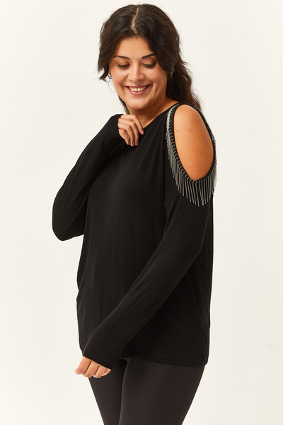 Ebsumu Γυναικεία μπλούζα μεγάλου μεγέθους με λεπτομέρεια με φούντα και λαιμόκοψη στον ώμο