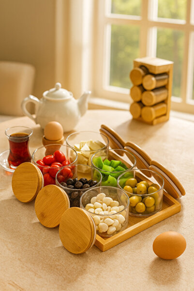 Kezze 6'Lı Bambu Kapaklı Borosilikat Sızdırmaz Hava Almaz Cam Kahvaltılık Seti