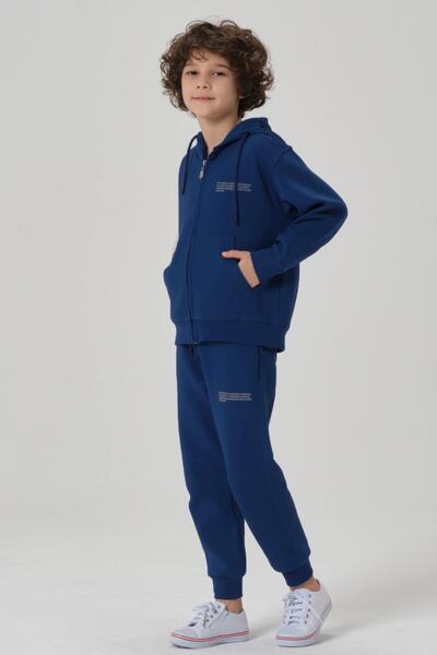 Black One Lycra Free Double Face Interlock Fabric Seasonal Print Detailed Pocket Corded Boys' Tracksuit