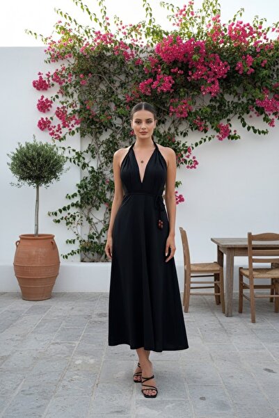 Ravencia Women'S Linen DreSS - HAlter Neck And BAckleSS DeSign