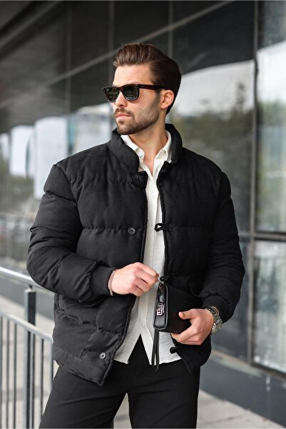 Madmext Black Buttoned Stand Collar Men's Puffer Jacket E7435