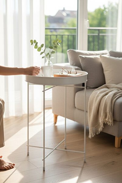 EVSTYLE Katlanabilir Pratik Sehpa - 38 Cm Çap - Beyaz