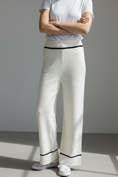 NEWCO ψηλόμεσο φαρδύ πόδι ριγέ ελαστικό μοντέρνο κομψό πλεκτό παντελόνι