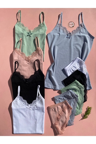 LEYNA BUTİK Kadın Pamuklu Ip Askılı 5'li Siyah, Beyaz, Pudra, Yeşil, Mavi Dantelli V Yaka Atlet Ve Külot Takımı