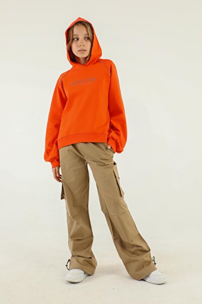 Black One Hooded Print Detailed Cargo Pocket Girl's Suit