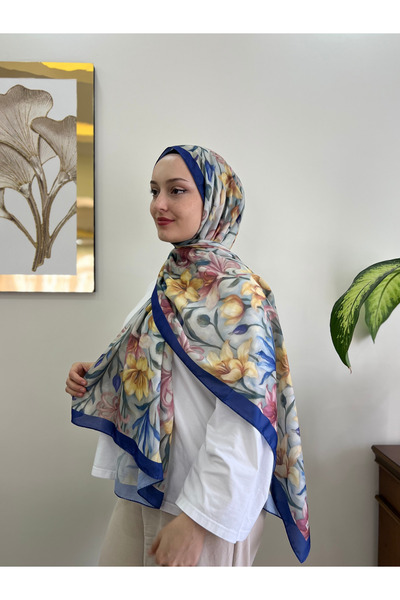 YILDIZ SCARFS شال قطني ناعم بنمط الزنبق باللون الأزرق الداكن