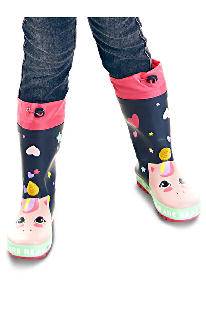Denokids Kalpli Unicorn Kız Çocuk Lacivert Lastikli Yağmur Botu