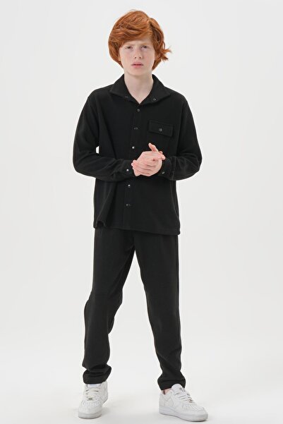 Black One Jacquard Match Pattern Button Detailed Top and Bottom Set