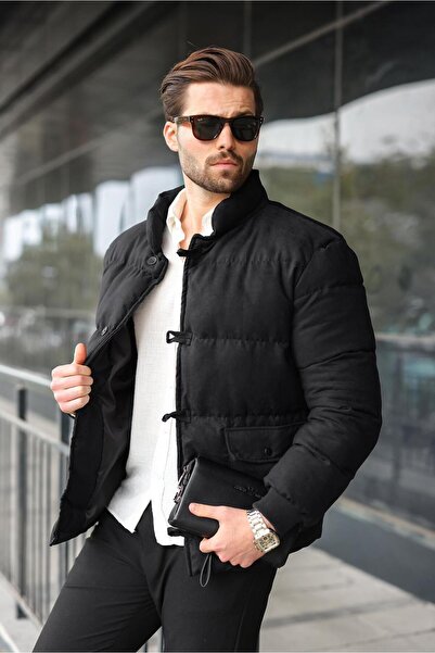 Madmext Black Buttoned Stand Collar Men's Puffer Jacket E7435