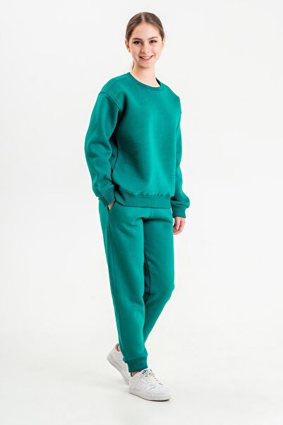 Black One Crew Neck Unisex Children's Tracksuit Set Made of Three-Layer Thick Fabric